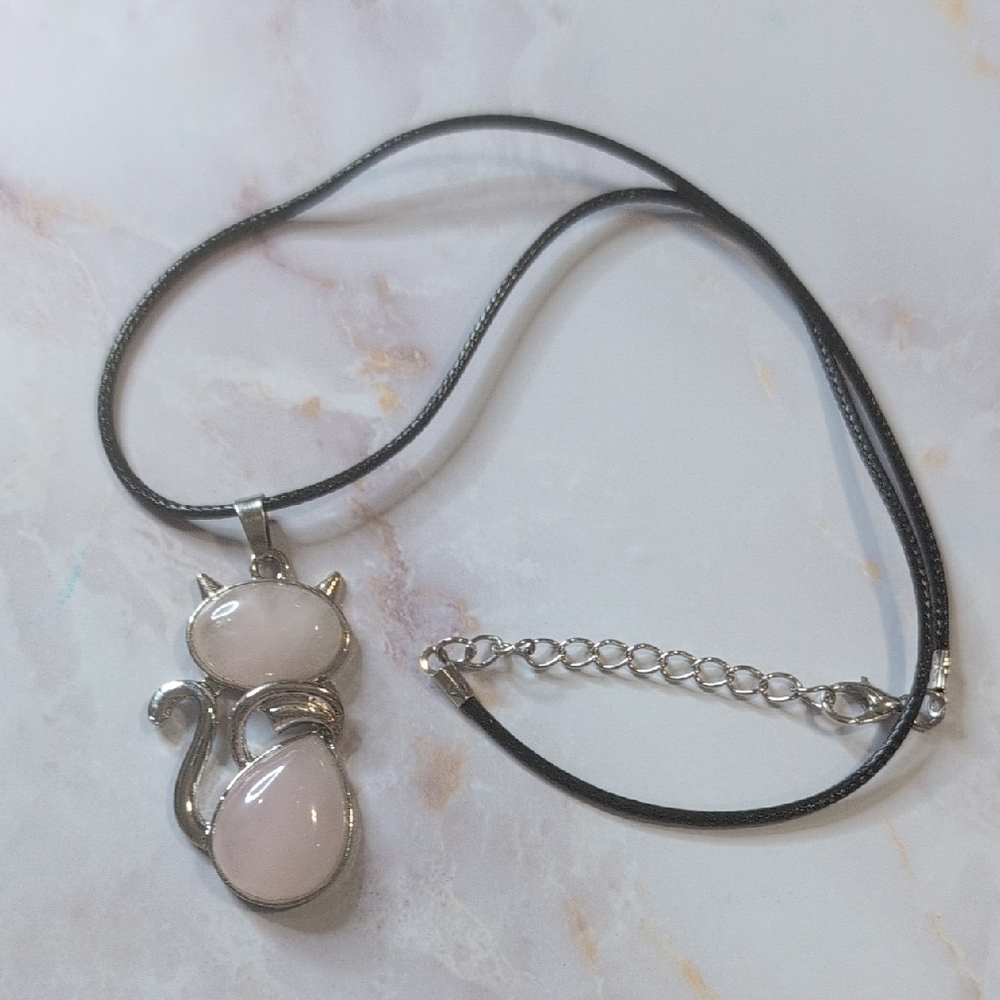 Silver Tone and Pink Cat Pendant Necklace